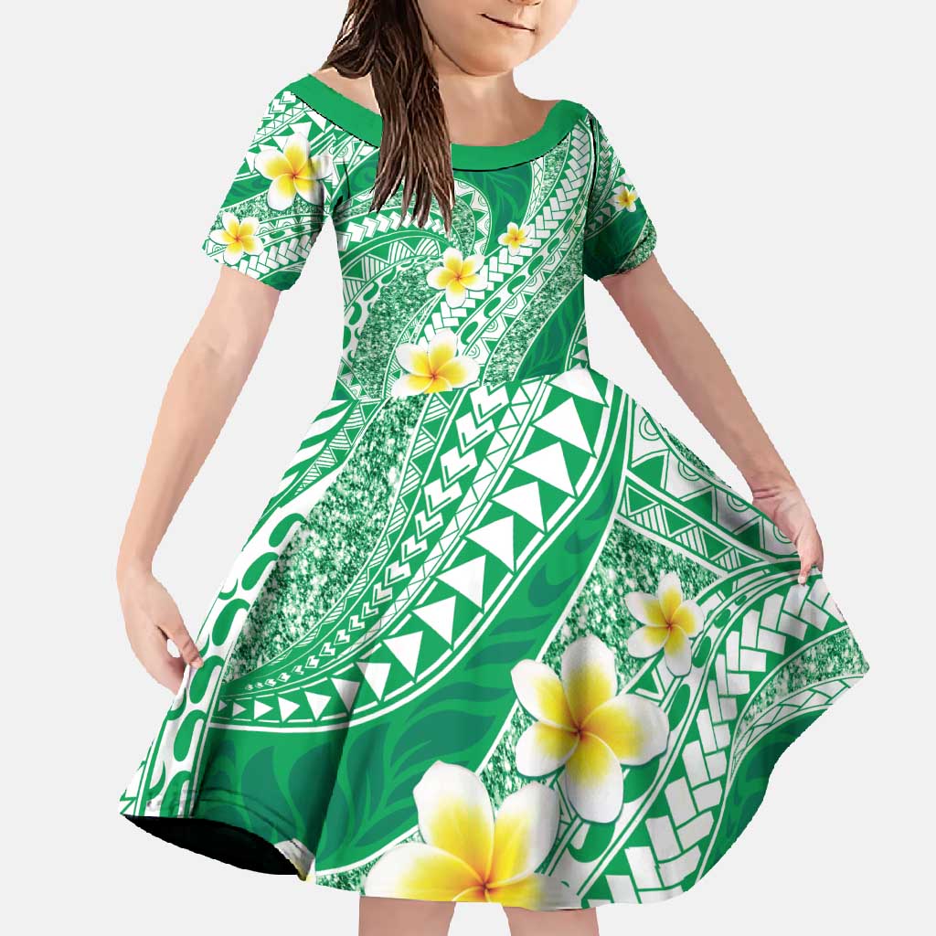 Plumeria Polynesian Green Glitter Pattern Family Matching Summer Maxi Dress and Hawaiian Shirt LT01 Daughter's Dress Green - Polynesian Pride