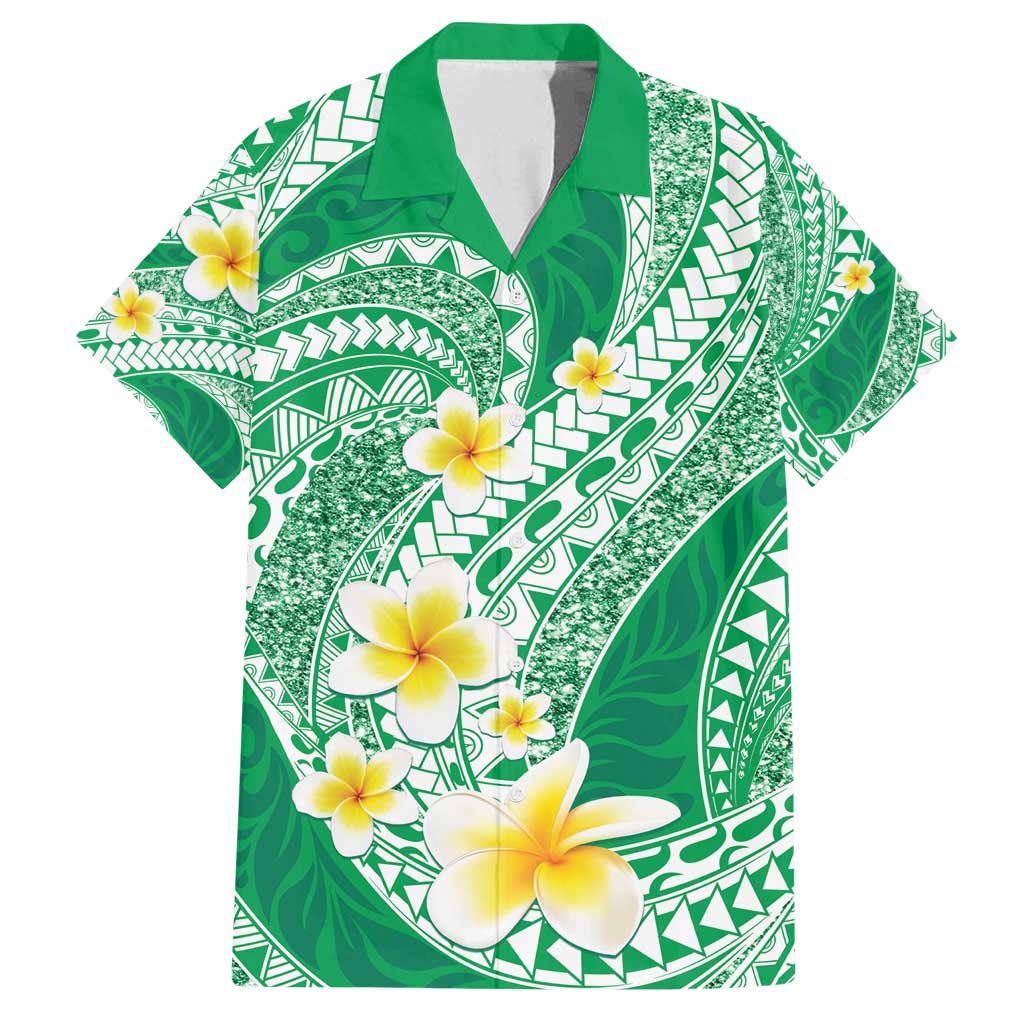 Plumeria Polynesian Green Glitter Pattern Family Matching Summer Maxi Dress and Hawaiian Shirt LT01 Dad's Shirt - Short Sleeve Green - Polynesian Pride