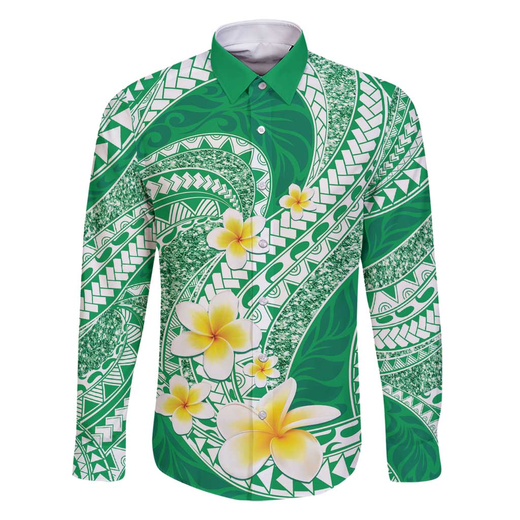 Plumeria Polynesian Green Glitter Pattern Family Matching Summer Maxi Dress and Hawaiian Shirt LT01 Dad's Shirt - Long Sleeve Green - Polynesian Pride