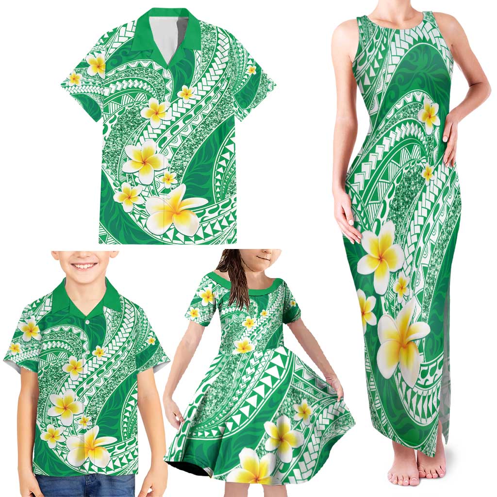 Plumeria Polynesian Green Glitter Pattern Family Matching Tank Maxi Dress and Hawaiian Shirt LT01 - Polynesian Pride