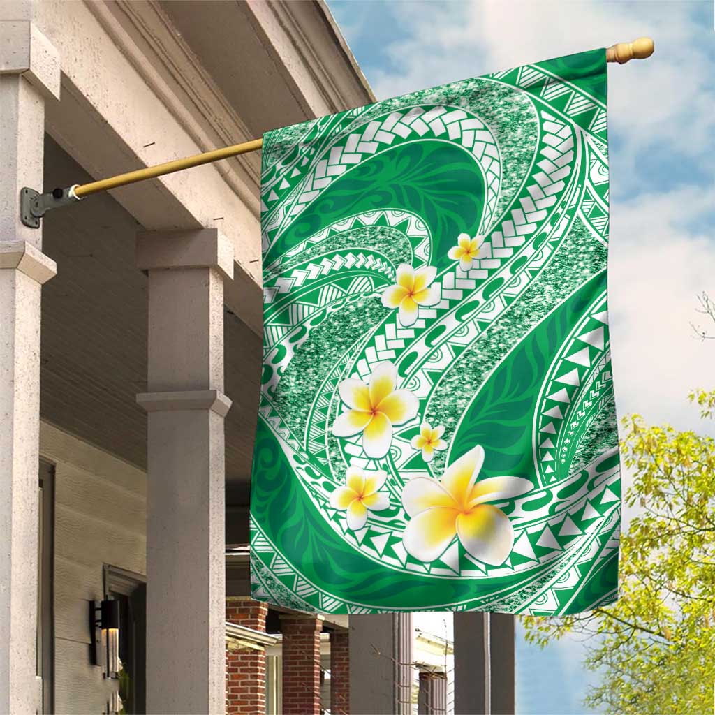 Plumeria Polynesian Green Glitter Pattern Garden Flag