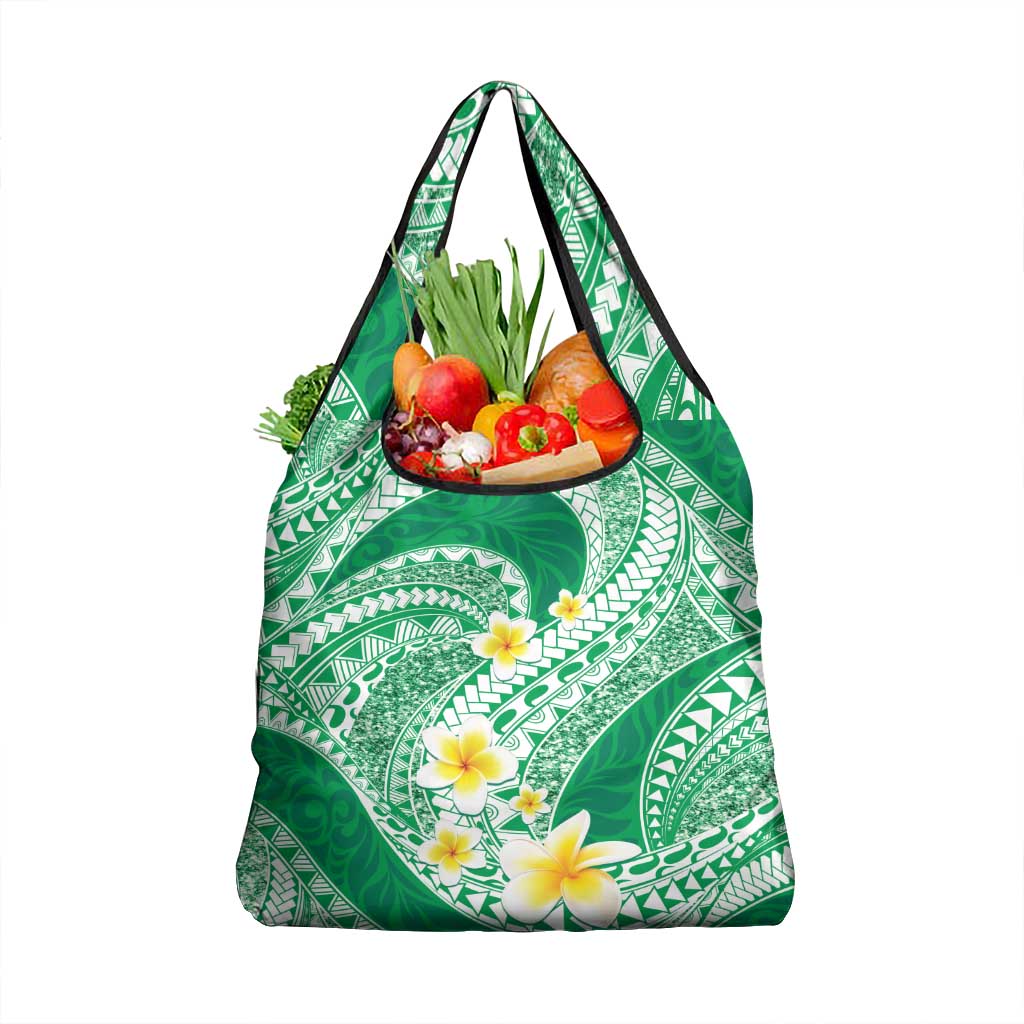 Plumeria Polynesian Green Glitter Pattern Grocery Bag LT01 1-pack One Size Green - Polynesian Pride