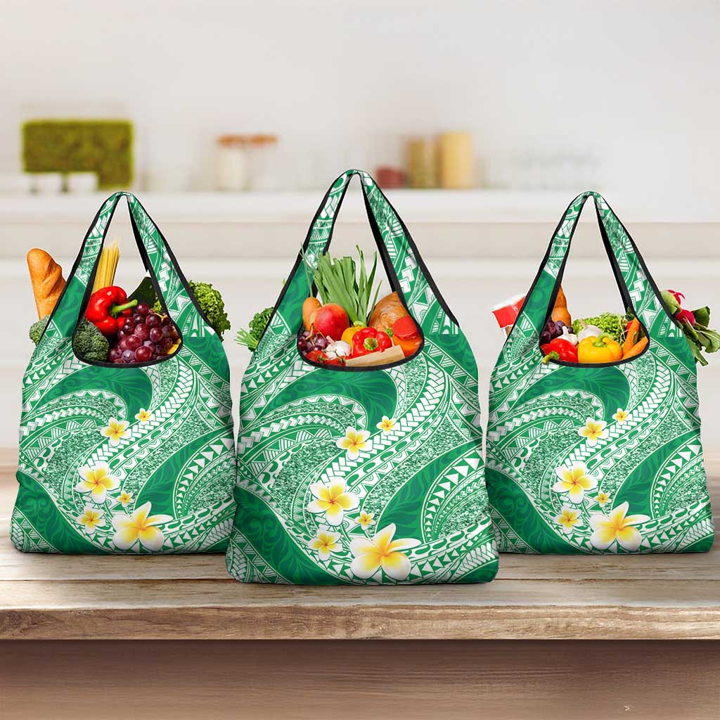 Plumeria Polynesian Green Glitter Pattern Grocery Bag LT01 3-pack One Size Green - Polynesian Pride