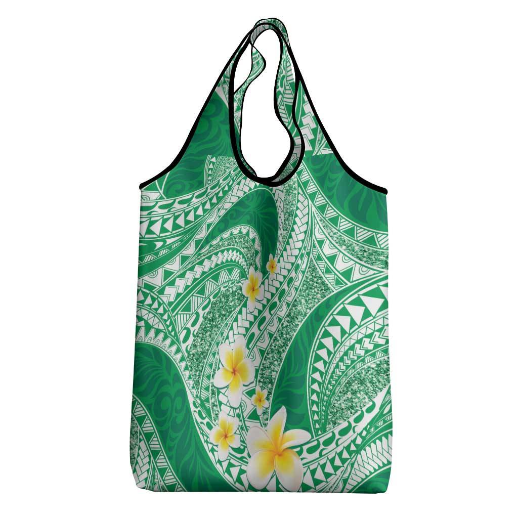 Plumeria Polynesian Green Glitter Pattern Grocery Bag LT01 - Polynesian Pride