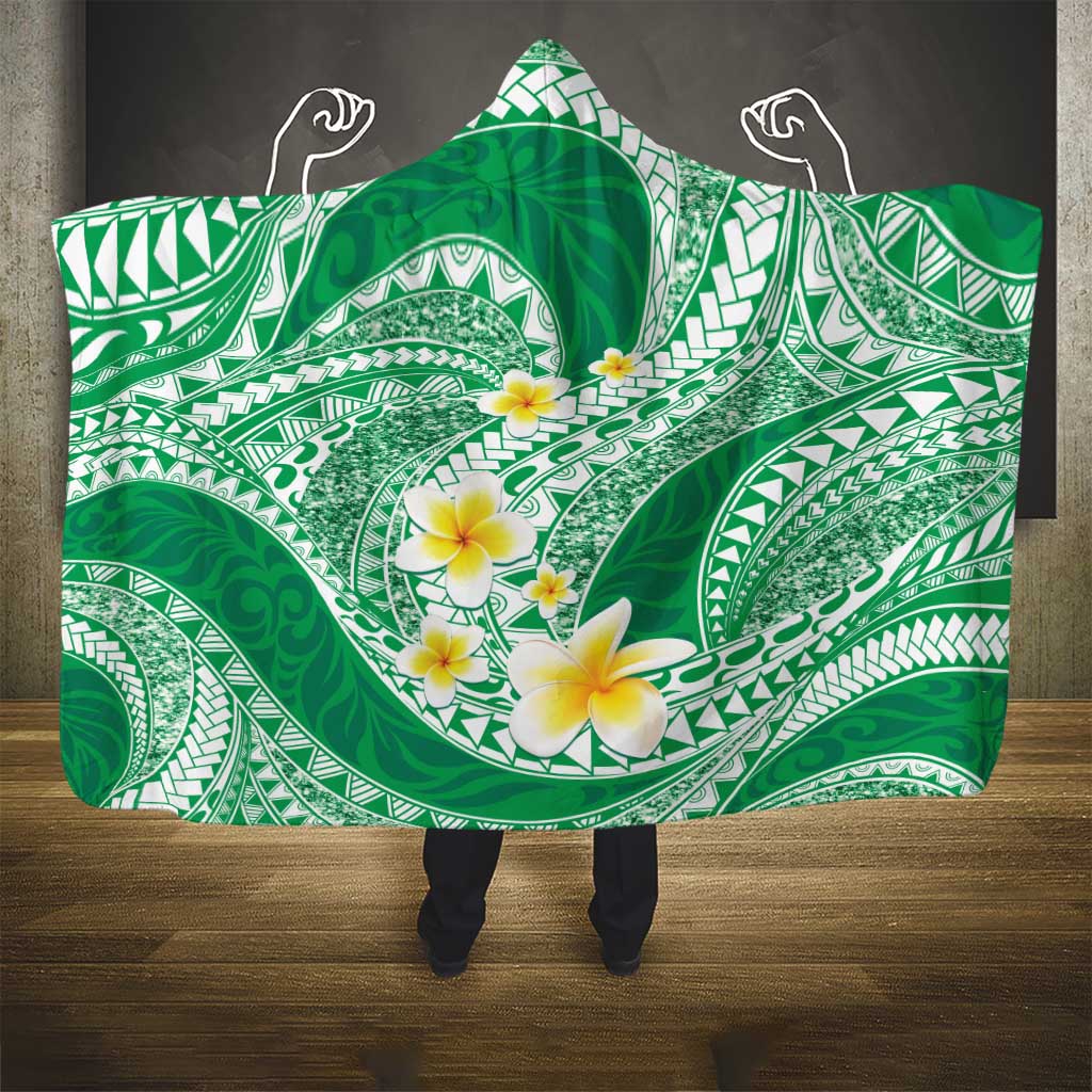 Plumeria Polynesian Green Glitter Pattern Hooded Blanket LT01 - Polynesian Pride