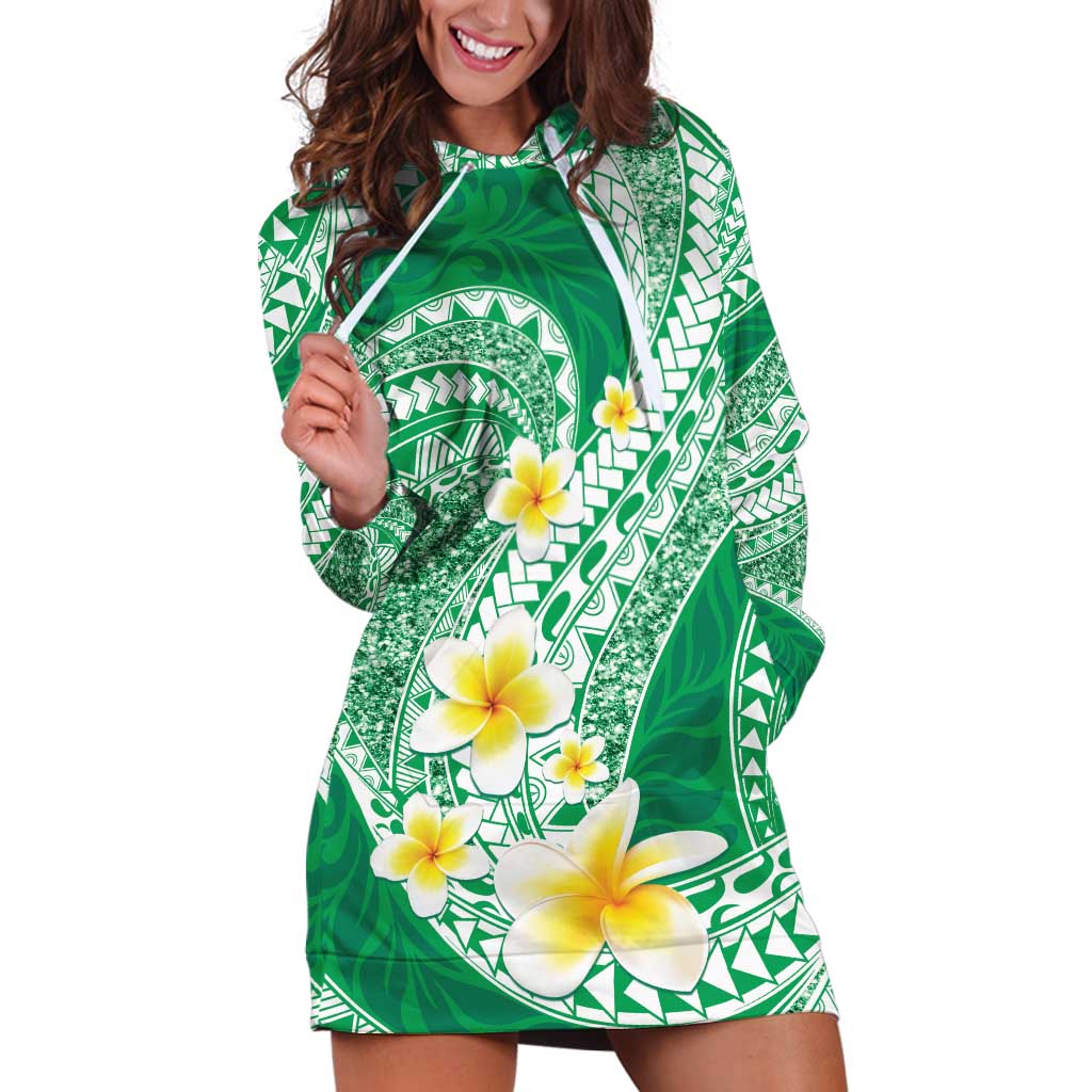Plumeria Polynesian Green Glitter Pattern Hoodie Dress LT01 Green - Polynesian Pride