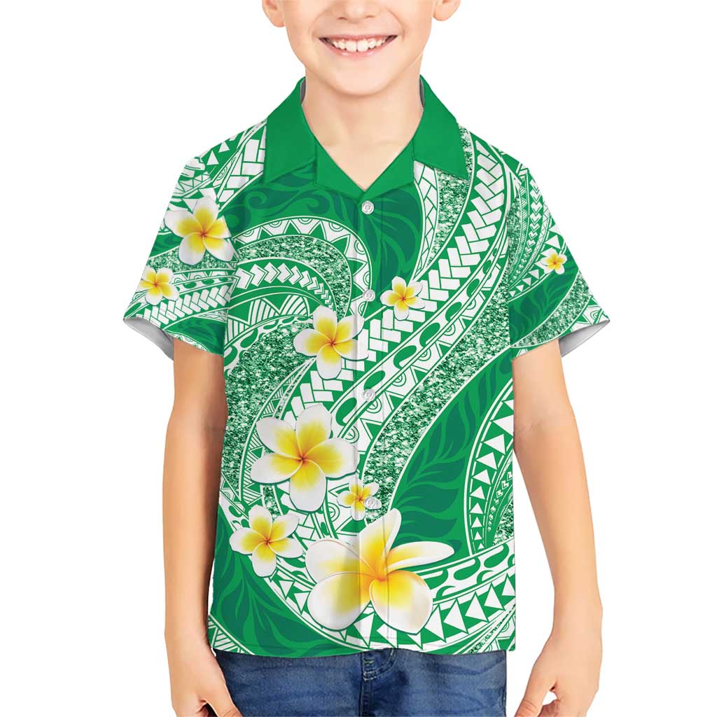 Plumeria Polynesian Green Glitter Pattern Kid Hawaiian Shirt