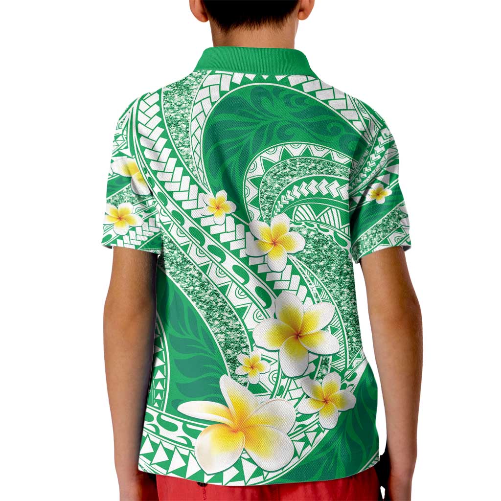 Plumeria Polynesian Green Glitter Pattern Kid Polo Shirt