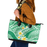 Plumeria Polynesian Green Glitter Pattern Leather Tote Bag