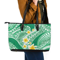 Plumeria Polynesian Green Glitter Pattern Leather Tote Bag