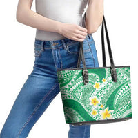 Plumeria Polynesian Green Glitter Pattern Leather Tote Bag