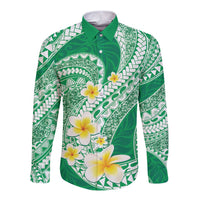 Plumeria Polynesian Green Glitter Pattern Long Sleeve Button Shirt LT01 Unisex Green - Polynesian Pride