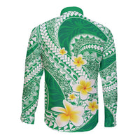 Plumeria Polynesian Green Glitter Pattern Long Sleeve Button Shirt LT01 - Polynesian Pride