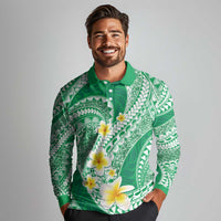 Plumeria Polynesian Green Glitter Pattern Long Sleeve Polo Shirt