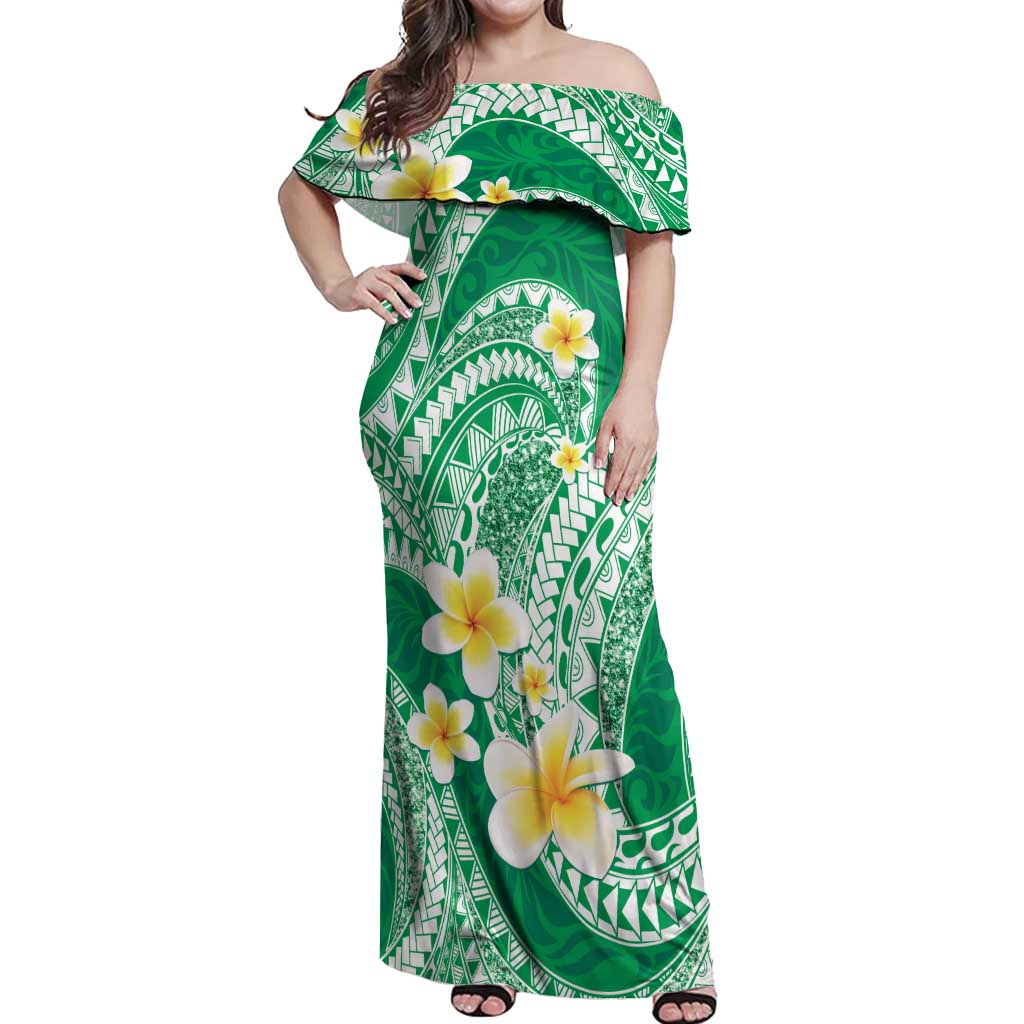 Plumeria Polynesian Green Glitter Pattern Off Shoulder Maxi Dress LT01 Women Green - Polynesian Pride