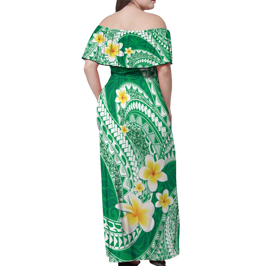 Plumeria Polynesian Green Glitter Pattern Off Shoulder Maxi Dress LT01 - Polynesian Pride