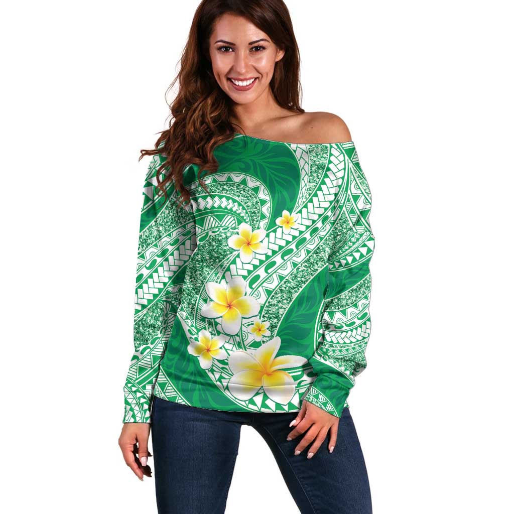 Plumeria Polynesian Green Glitter Pattern Off Shoulder Sweater