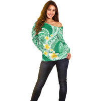 Plumeria Polynesian Green Glitter Pattern Off Shoulder Sweater