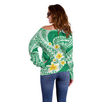 Plumeria Polynesian Green Glitter Pattern Off Shoulder Sweater