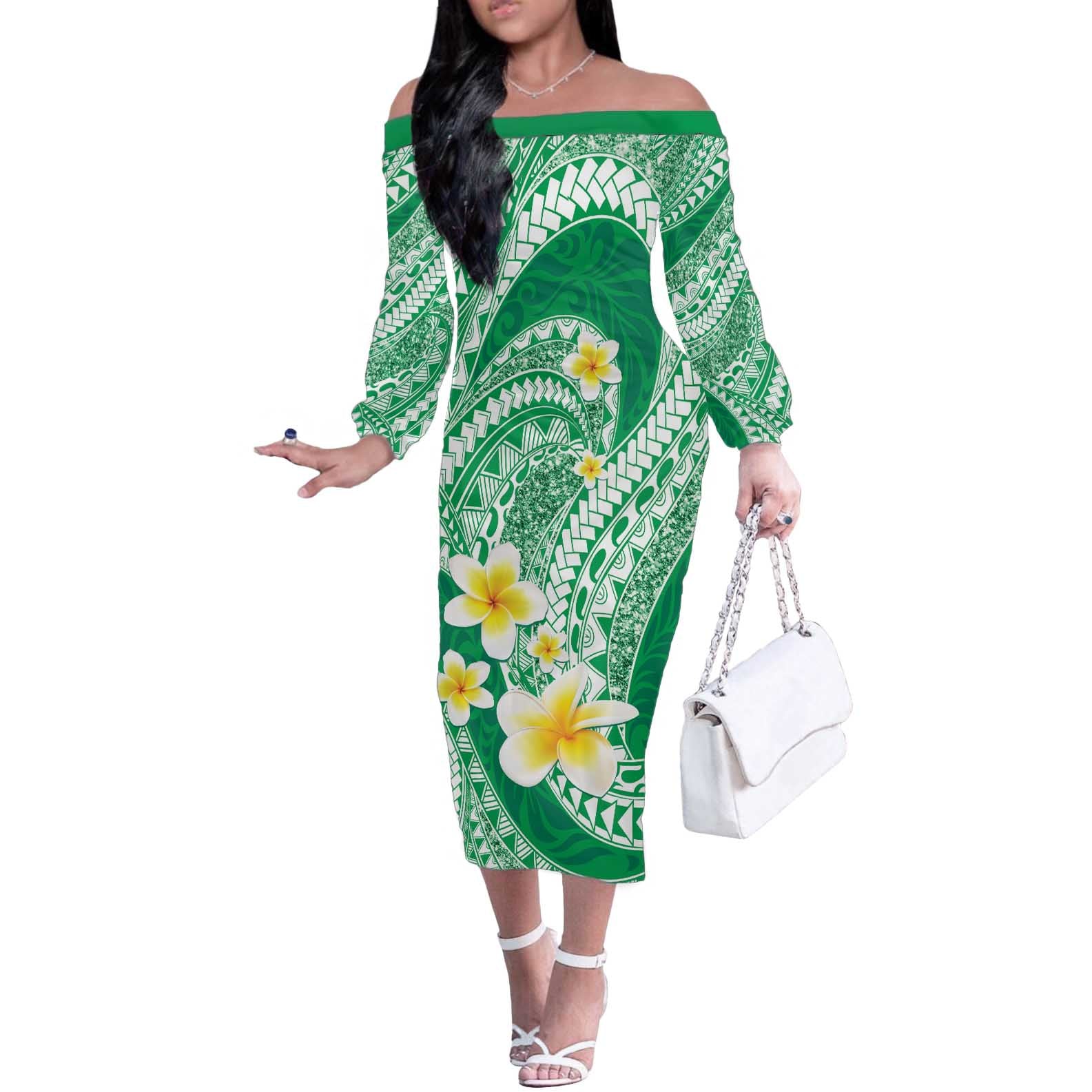 Plumeria Polynesian Green Glitter Pattern Off The Shoulder Long Sleeve Dress