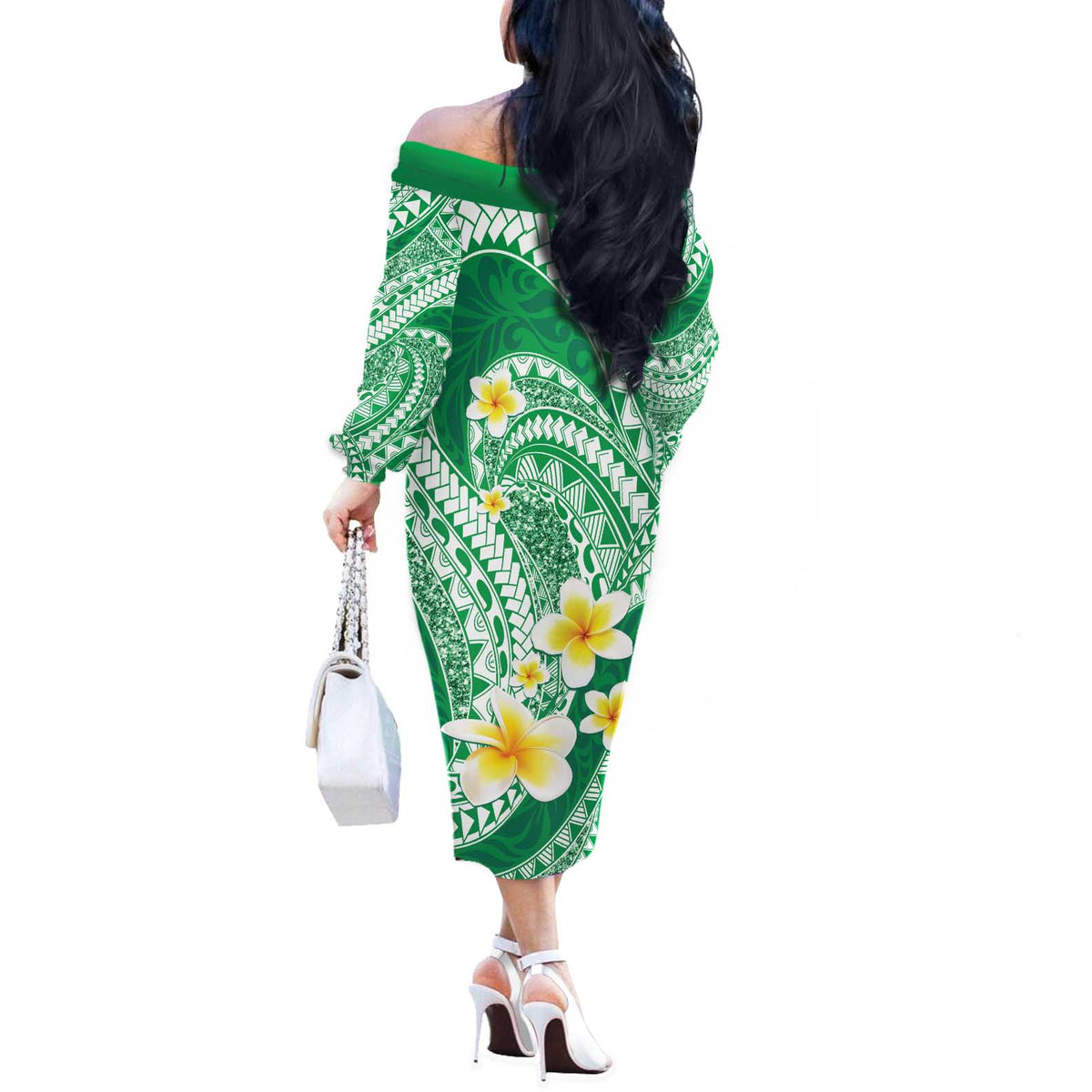 Plumeria Polynesian Green Glitter Pattern Off The Shoulder Long Sleeve Dress