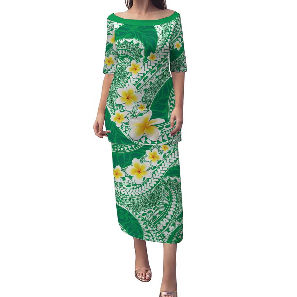 Plumeria Polynesian Green Glitter Pattern Puletasi LT01 Long Dress Green - Polynesian Pride