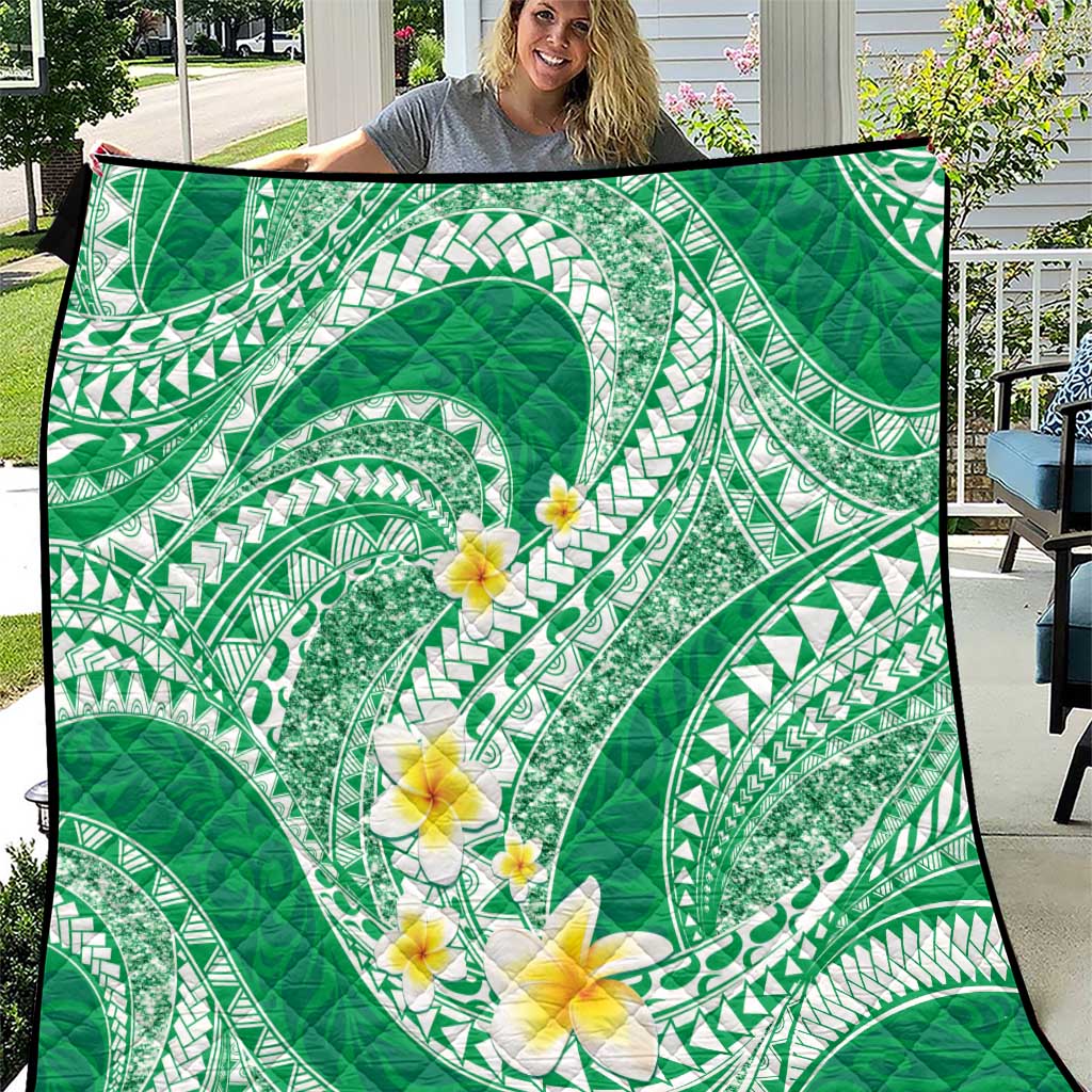Plumeria Polynesian Green Glitter Pattern Quilt