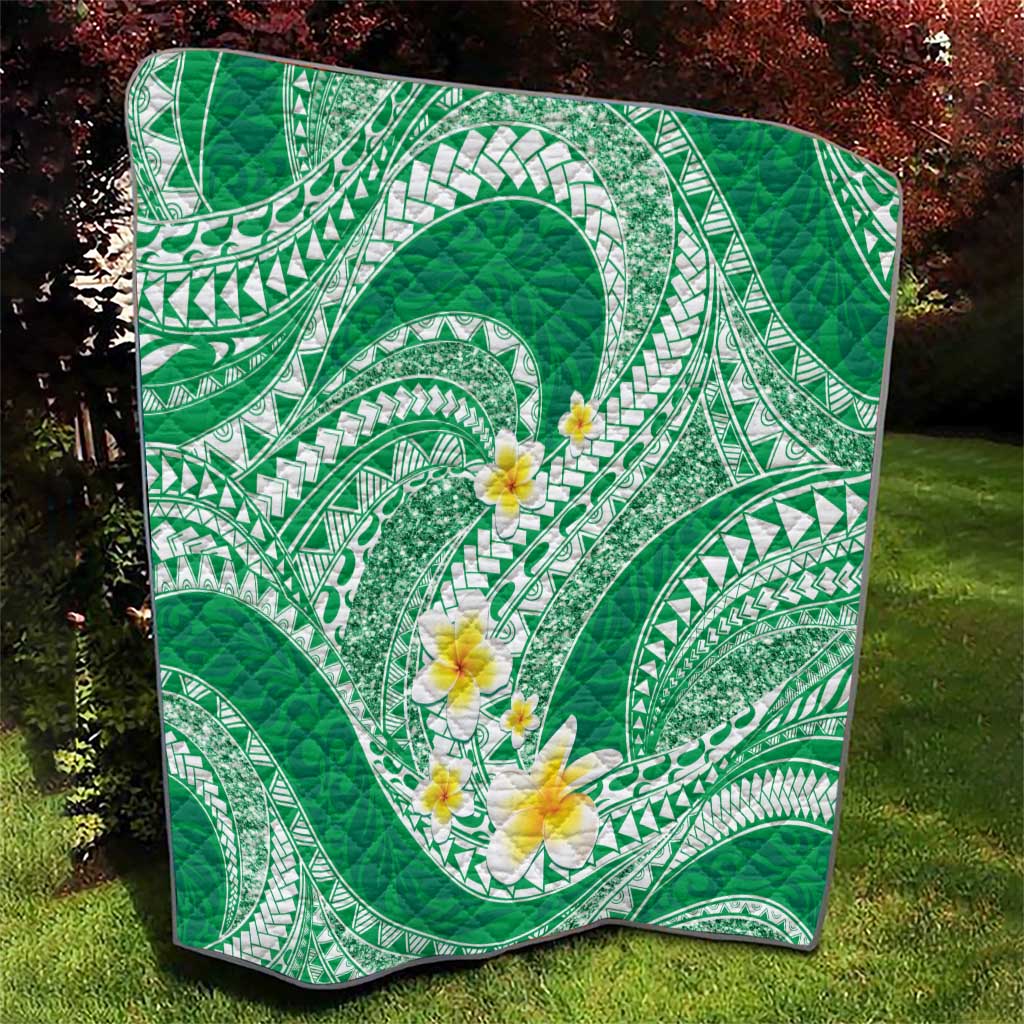 Plumeria Polynesian Green Glitter Pattern Quilt
