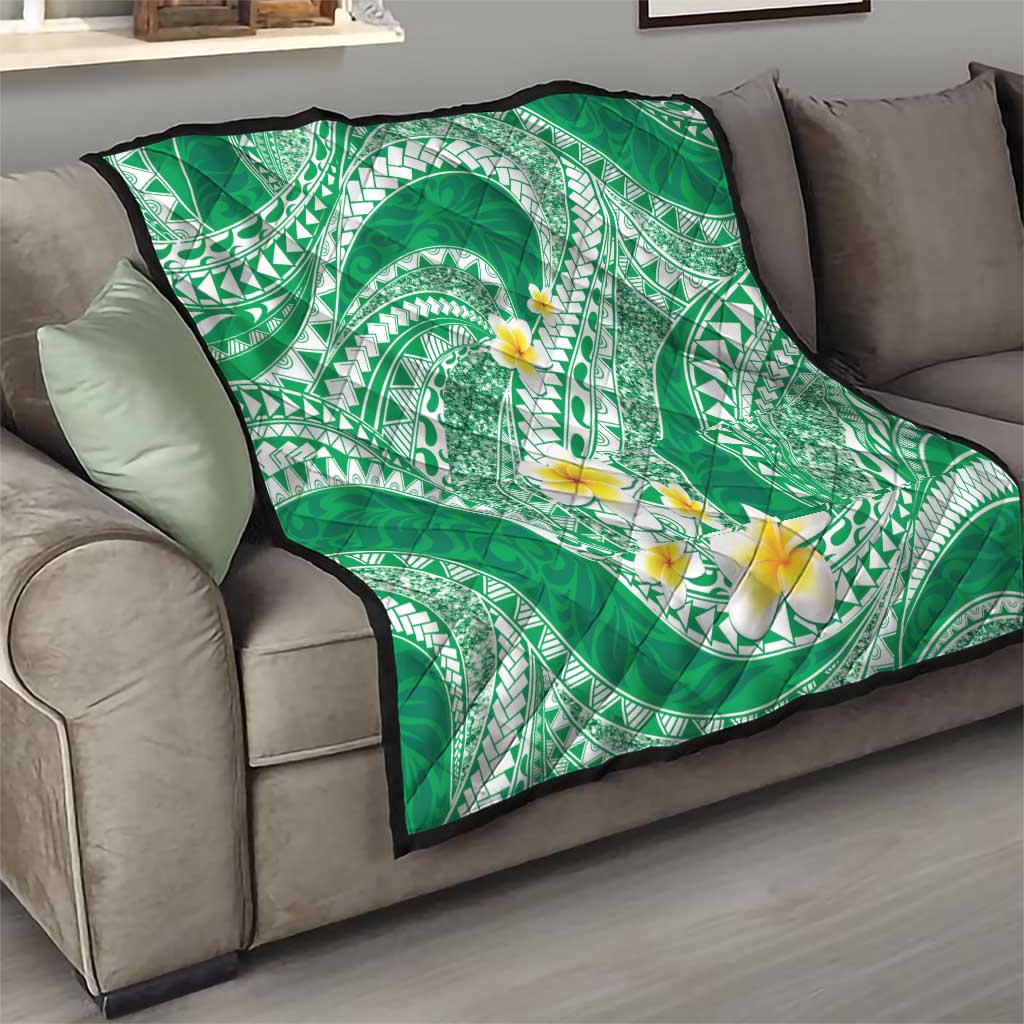 Plumeria Polynesian Green Glitter Pattern Quilt
