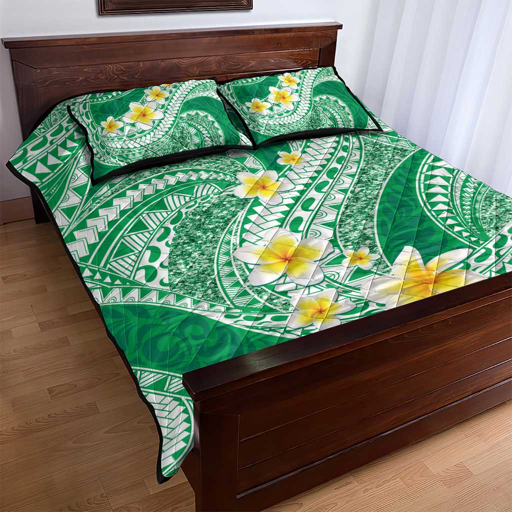 Plumeria Polynesian Green Glitter Pattern Quilt Bed Set LT01 - Polynesian Pride