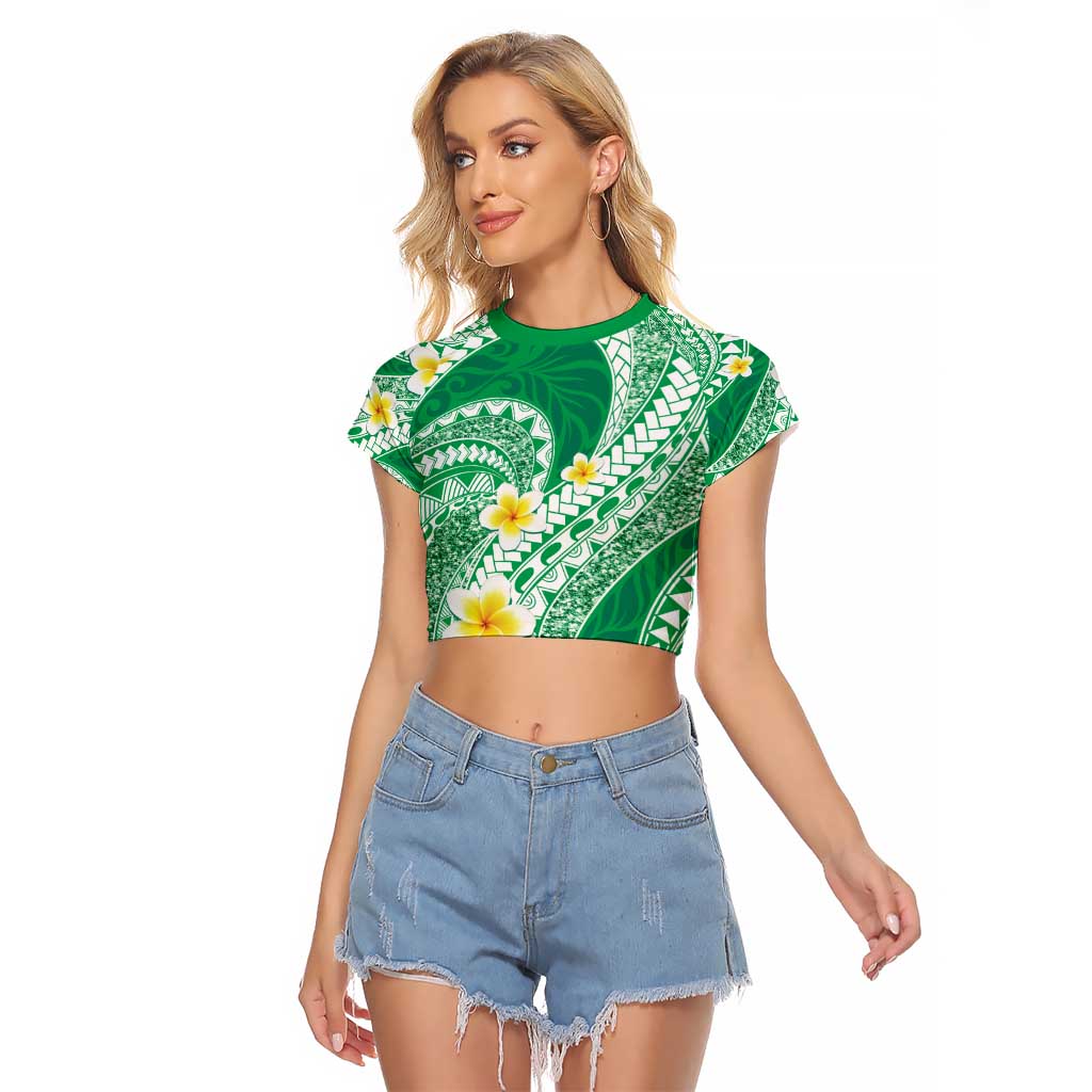 Plumeria Polynesian Green Glitter Pattern Raglan Cropped T Shirt LT01 Female Green - Polynesian Pride