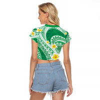 Plumeria Polynesian Green Glitter Pattern Raglan Cropped T Shirt LT01 - Polynesian Pride