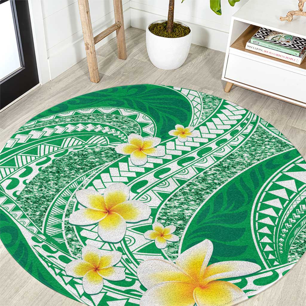 Plumeria Polynesian Green Glitter Pattern Round Carpet