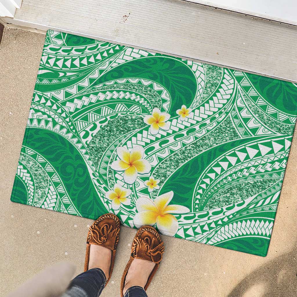 Plumeria Polynesian Green Glitter Pattern Rubber Doormat LT01 - Polynesian Pride