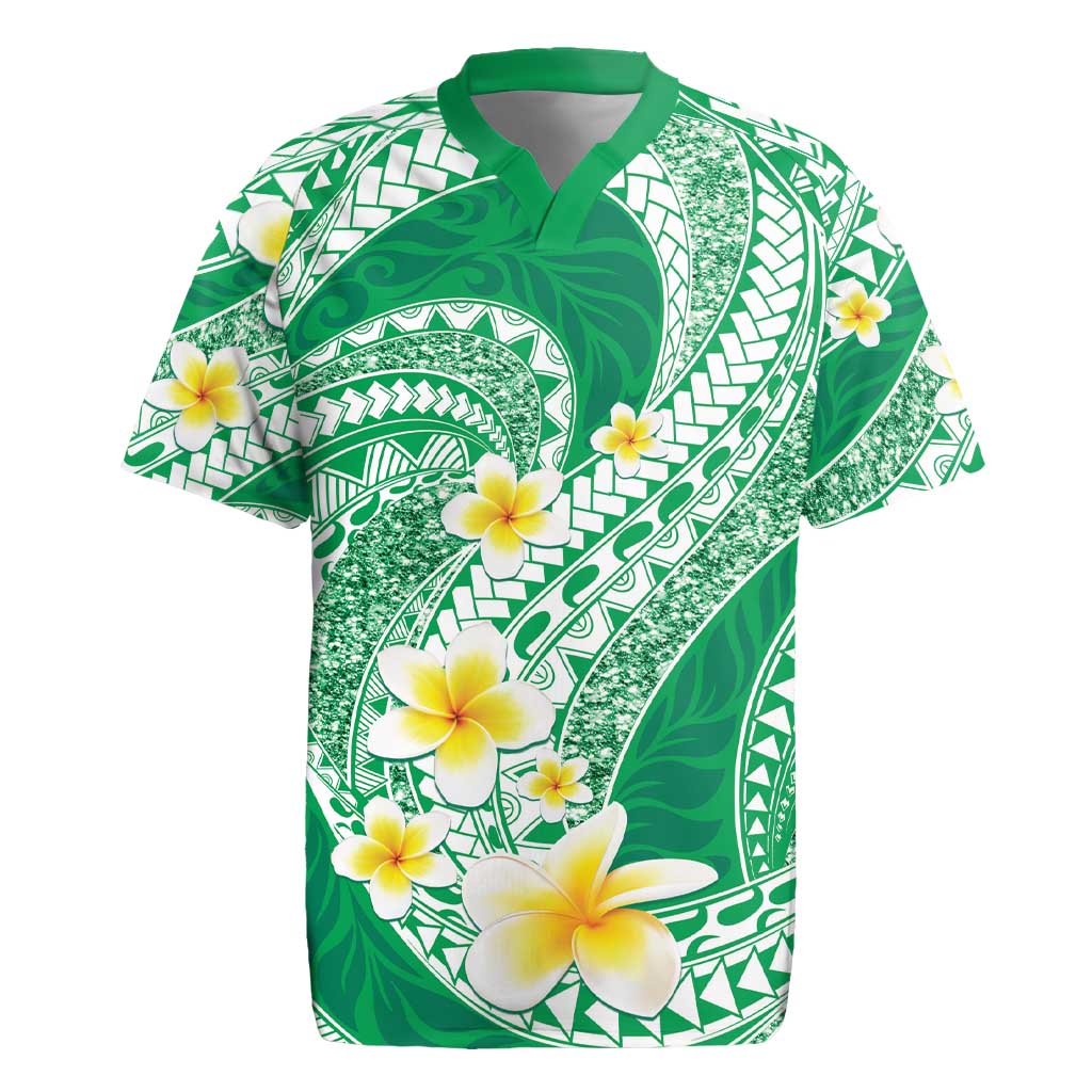 Plumeria Polynesian Green Glitter Pattern Rugby Jersey
