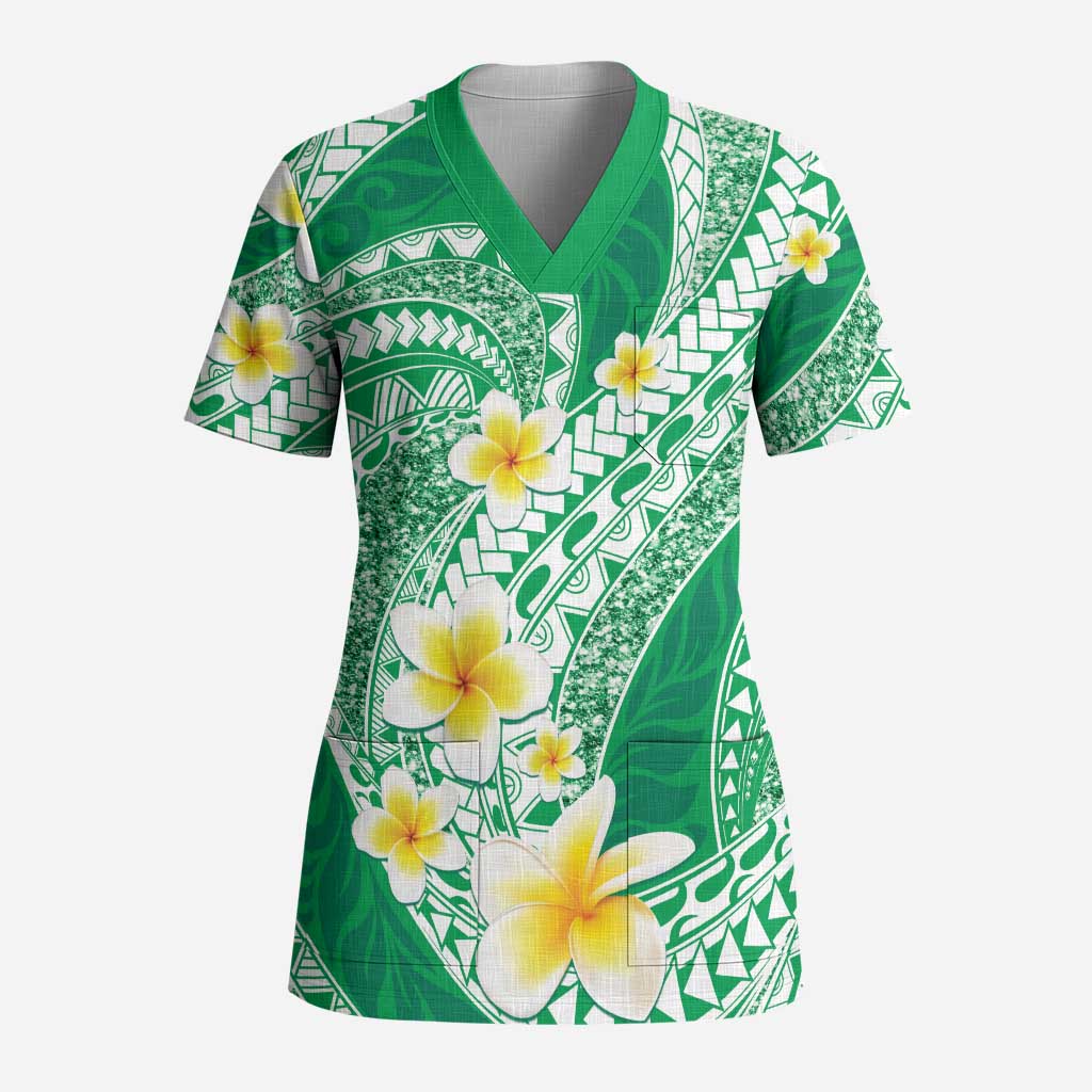 Plumeria Polynesian Green Glitter Pattern Scrub Top LT01 Adult Green - Polynesian Pride