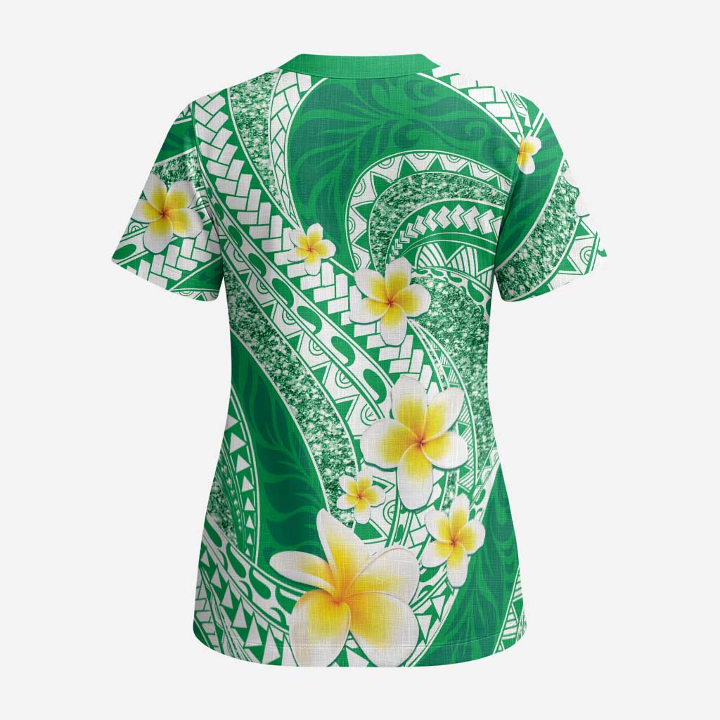 Plumeria Polynesian Green Glitter Pattern Scrub Top LT01 - Polynesian Pride