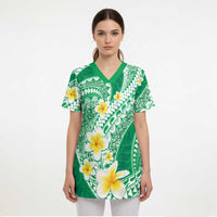 Plumeria Polynesian Green Glitter Pattern Scrub Top LT01 - Polynesian Pride