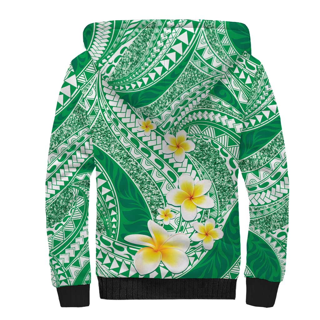 Plumeria Polynesian Green Glitter Pattern Sherpa Hoodie LT01 - Polynesian Pride