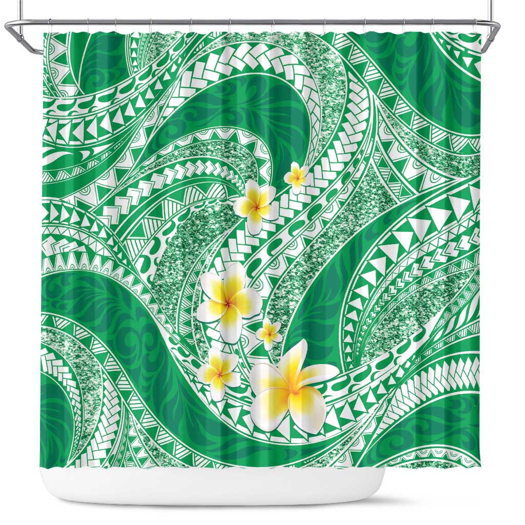 Plumeria Polynesian Green Glitter Pattern Shower Curtain