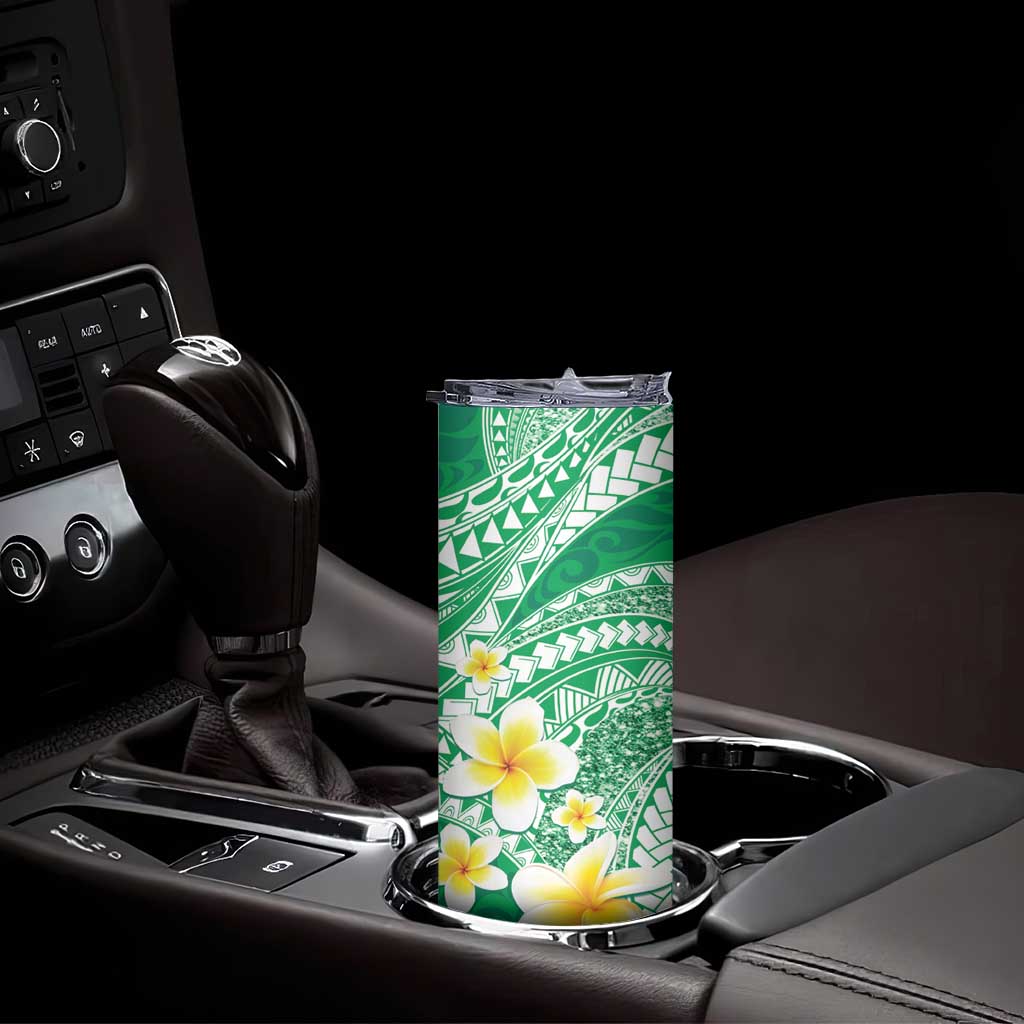 Plumeria Polynesian Green Glitter Pattern Skinny Tumbler