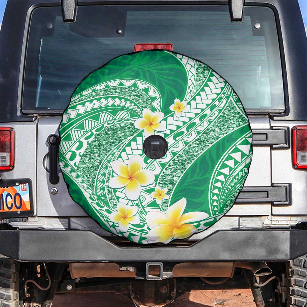 Plumeria Polynesian Green Glitter Pattern Spare Tire Cover
