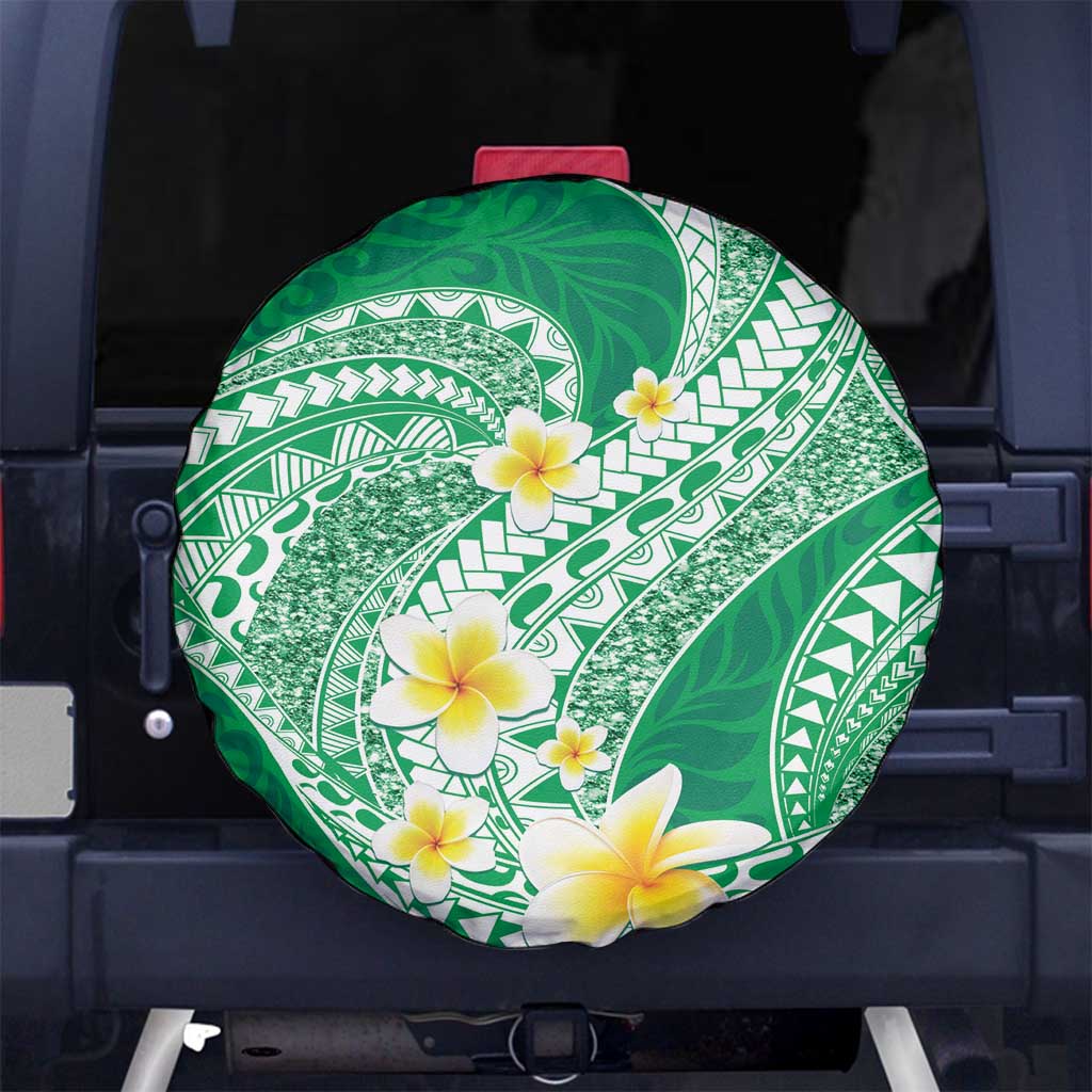 Plumeria Polynesian Green Glitter Pattern Spare Tire Cover