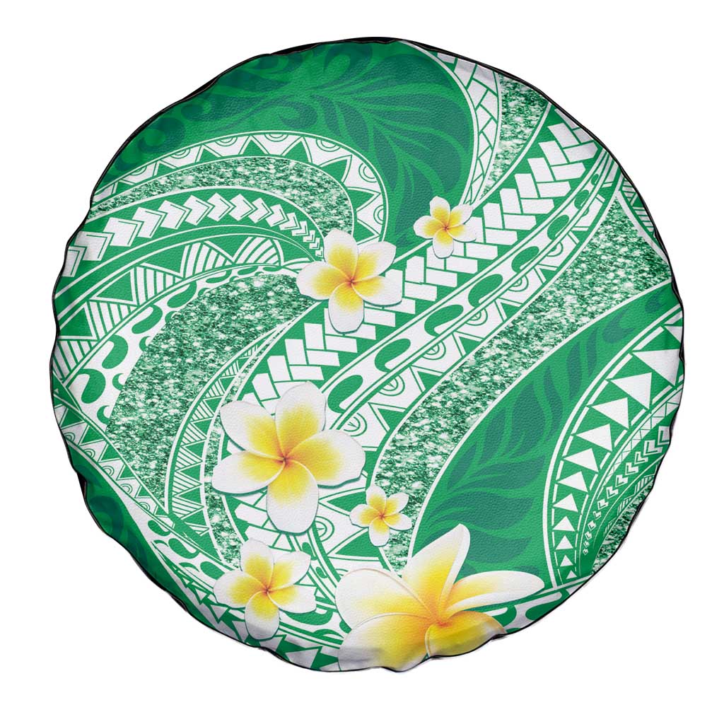 Plumeria Polynesian Green Glitter Pattern Spare Tire Cover