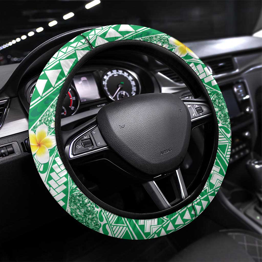 Plumeria Polynesian Green Glitter Pattern Steering Wheel Cover LT01 Universal Fit Green - Polynesian Pride