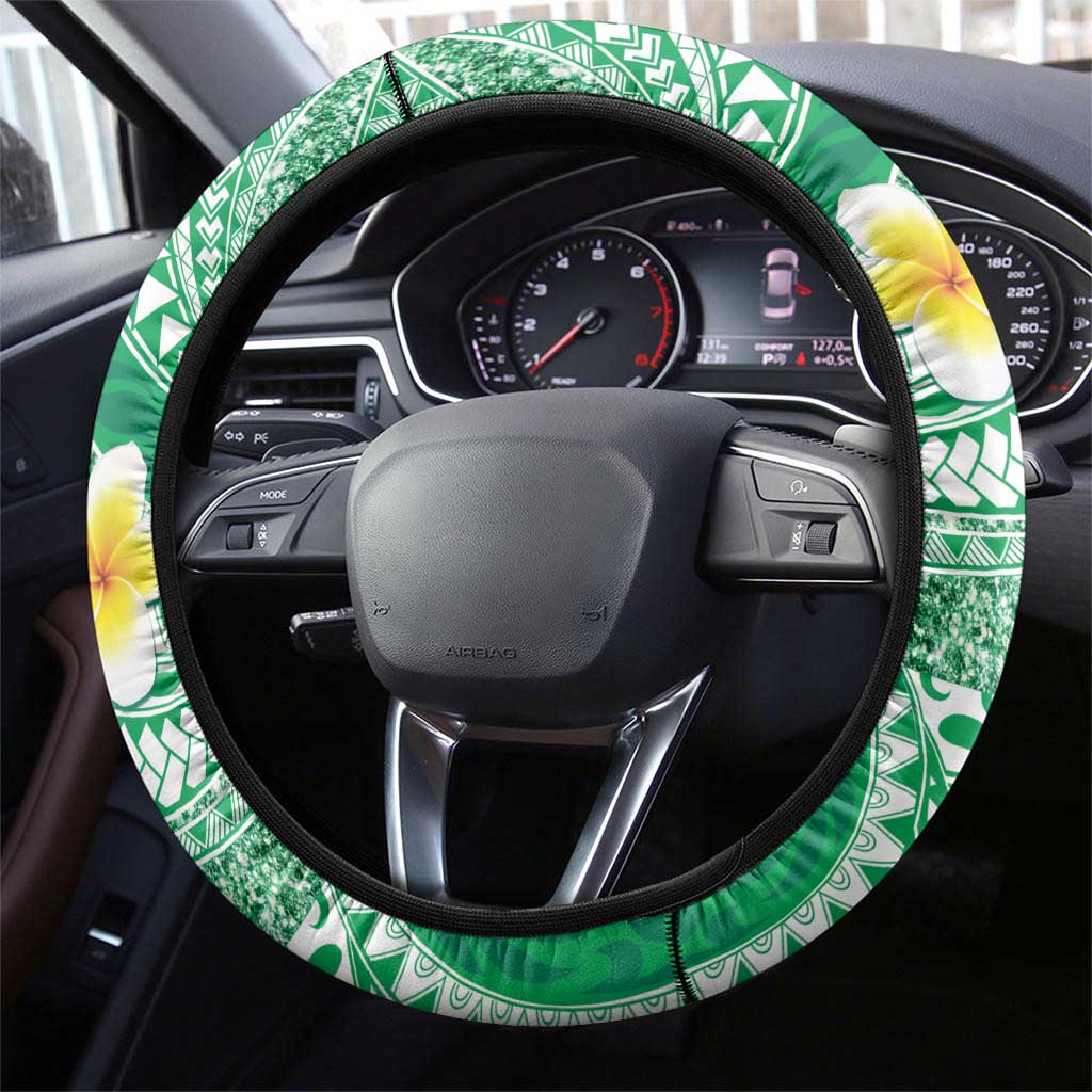 Plumeria Polynesian Green Glitter Pattern Steering Wheel Cover LT01 - Polynesian Pride