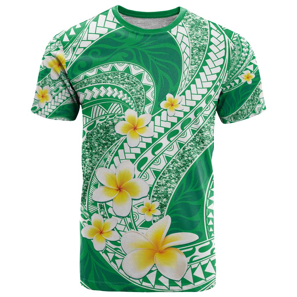 Plumeria Polynesian Green Glitter Pattern T Shirt