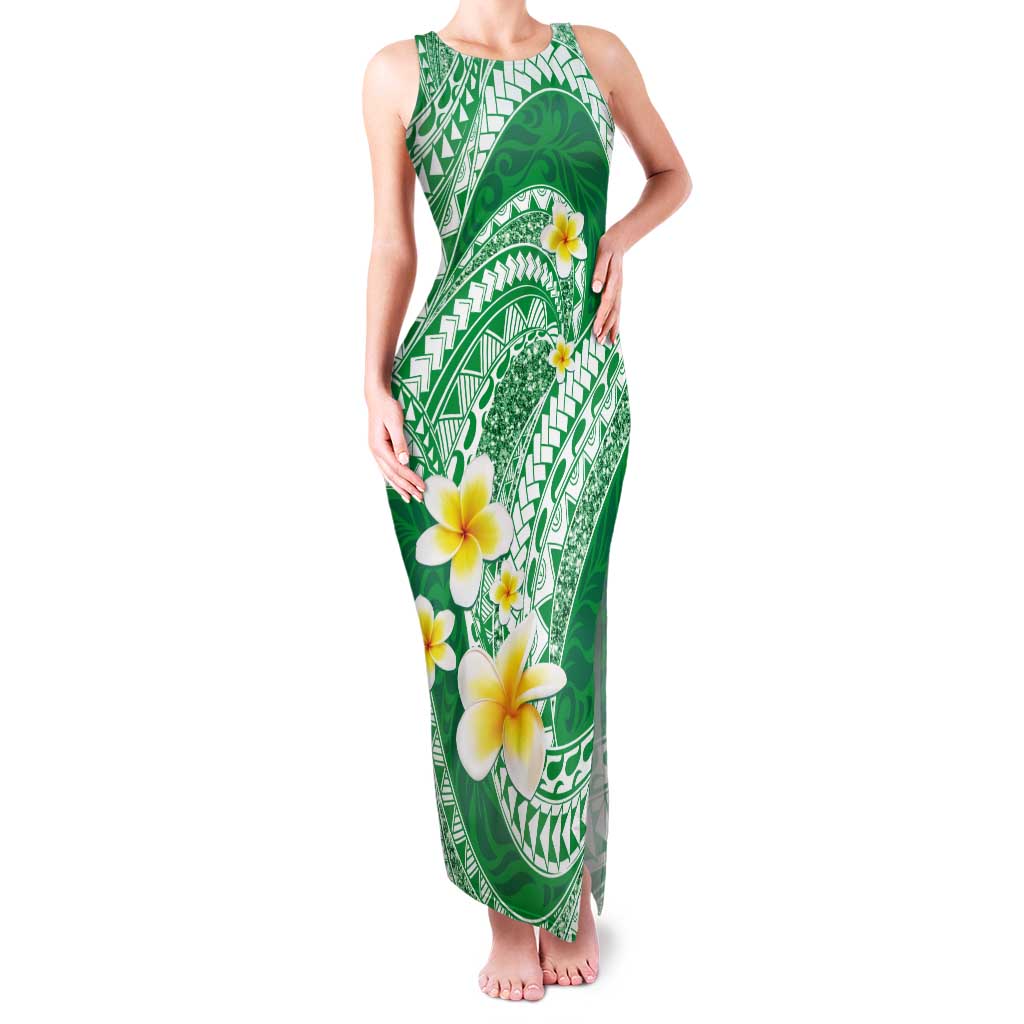 Plumeria Polynesian Green Glitter Pattern Tank Maxi Dress LT01 Women Green - Polynesian Pride
