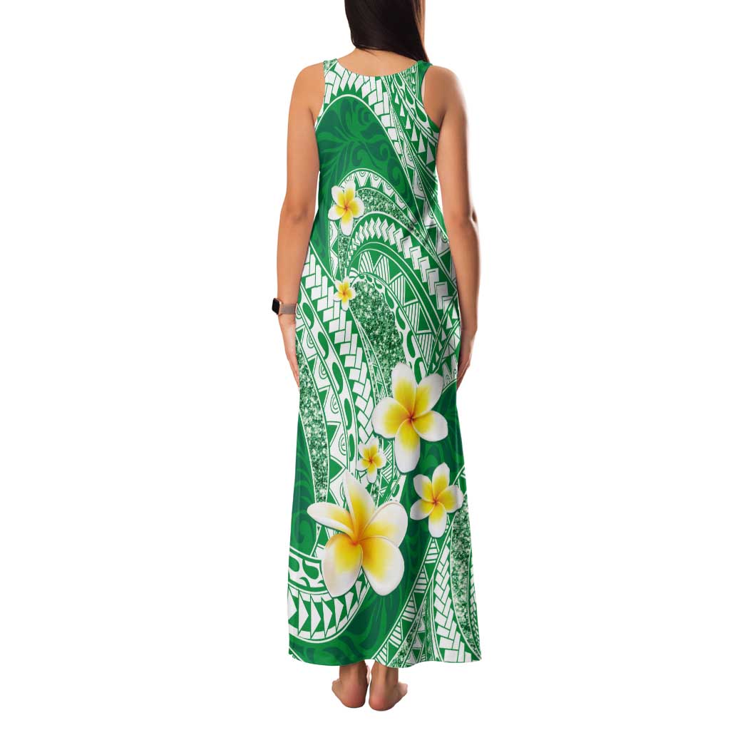 Plumeria Polynesian Green Glitter Pattern Tank Maxi Dress LT01 - Polynesian Pride