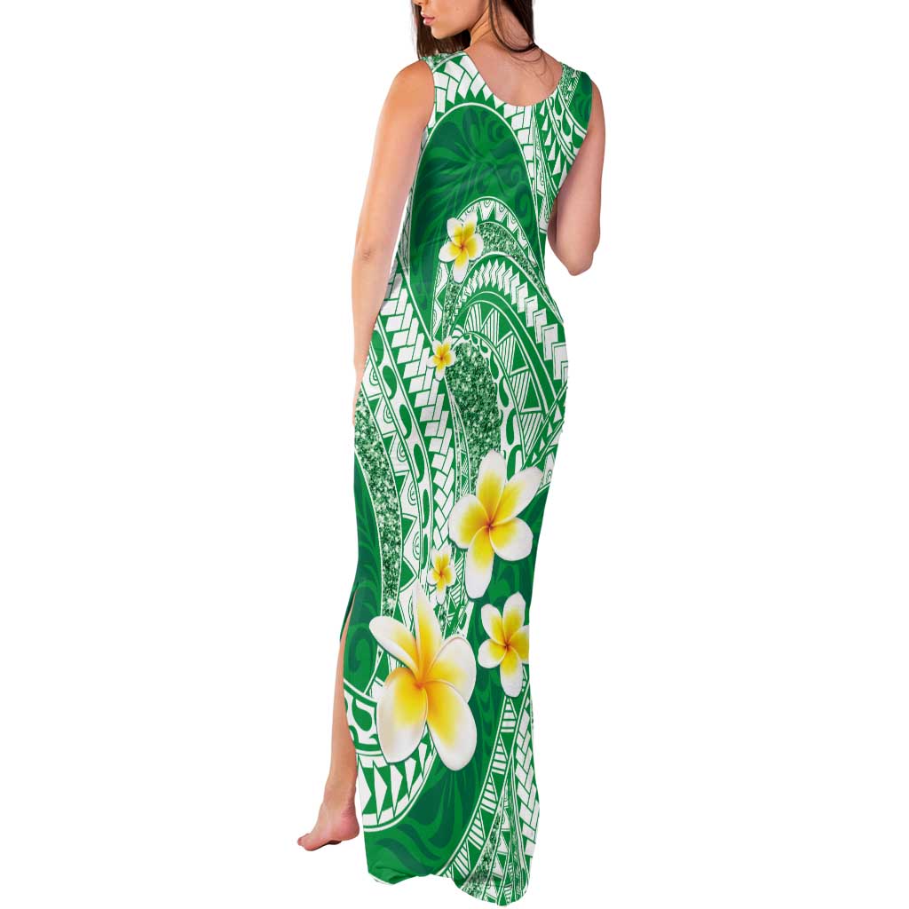 Plumeria Polynesian Green Glitter Pattern Tank Maxi Dress LT01 - Polynesian Pride